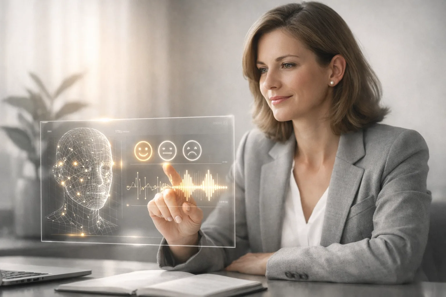 Dirigeant interagissant avec interface IA pour analyser données émotionnelles et piloter transformation