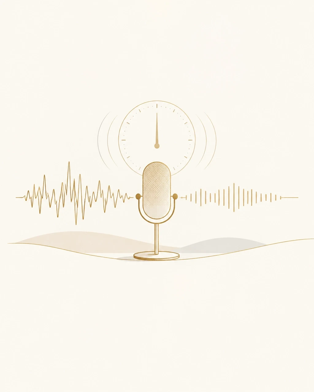 Microphone, onde sonore et horloge évoquant le rythme d’une interview